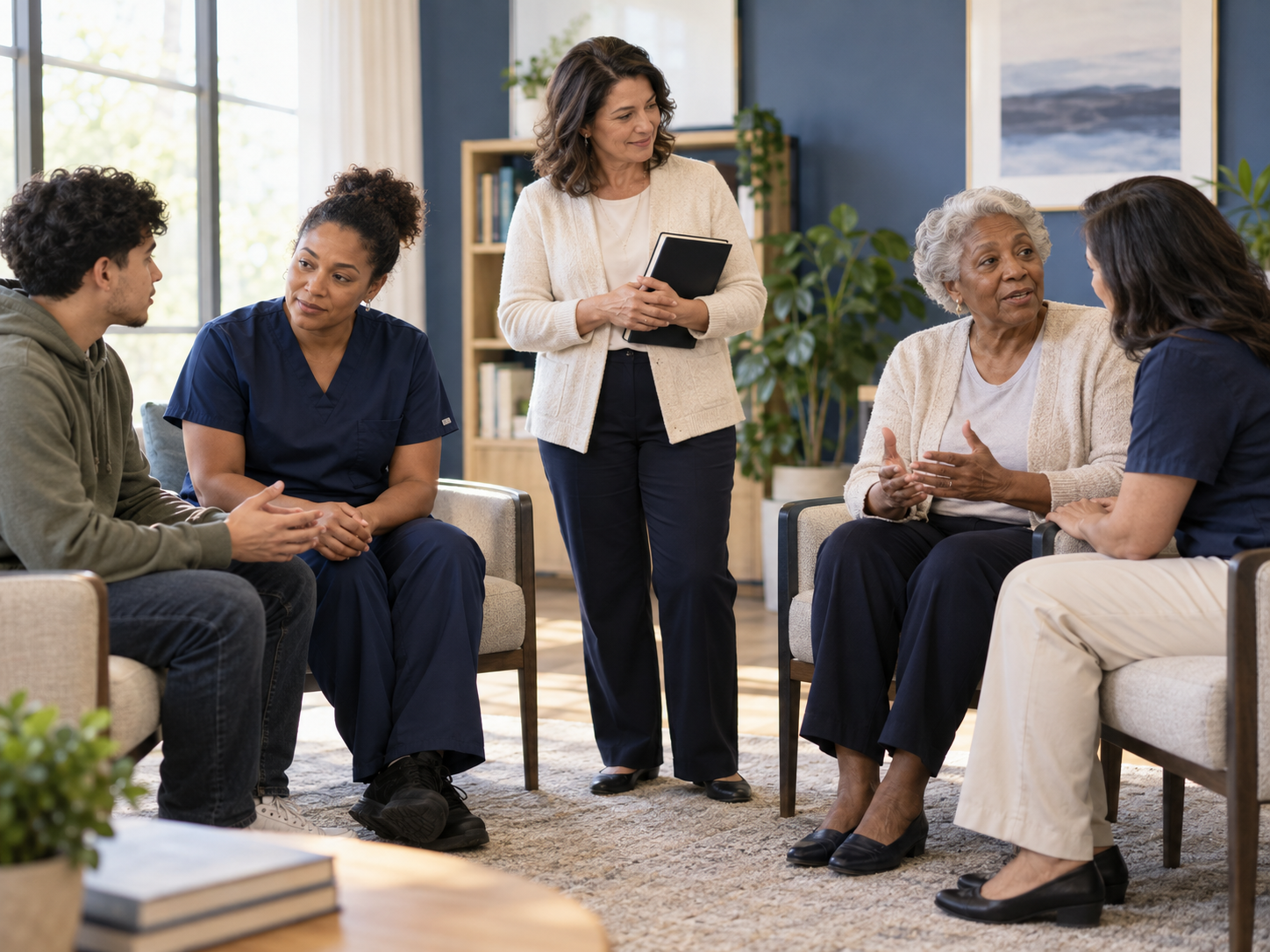 Care professionals discussing support with a younger adult and an older adult during a training scenario