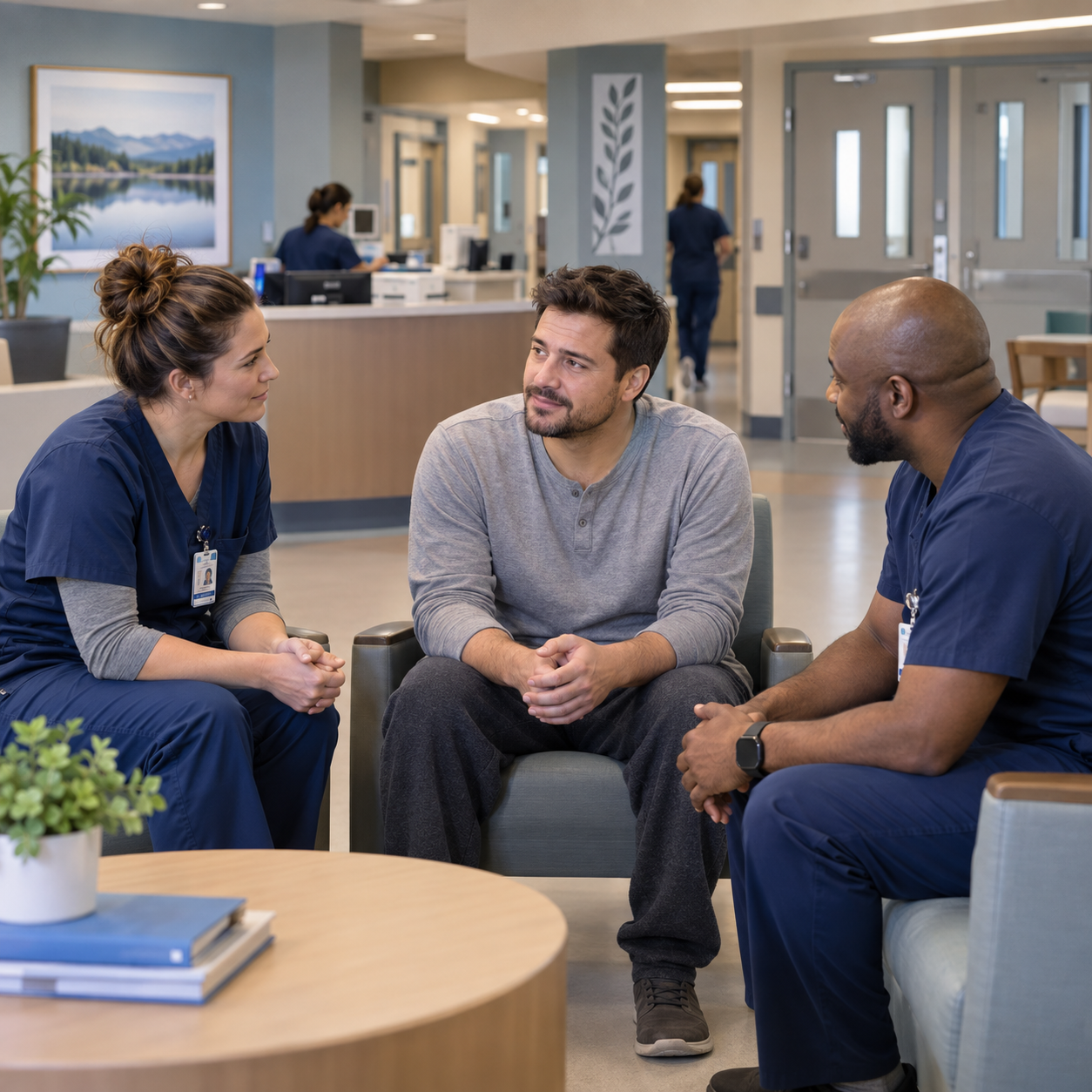 Behavioral health staff supporting an adult patient in an inpatient unit
