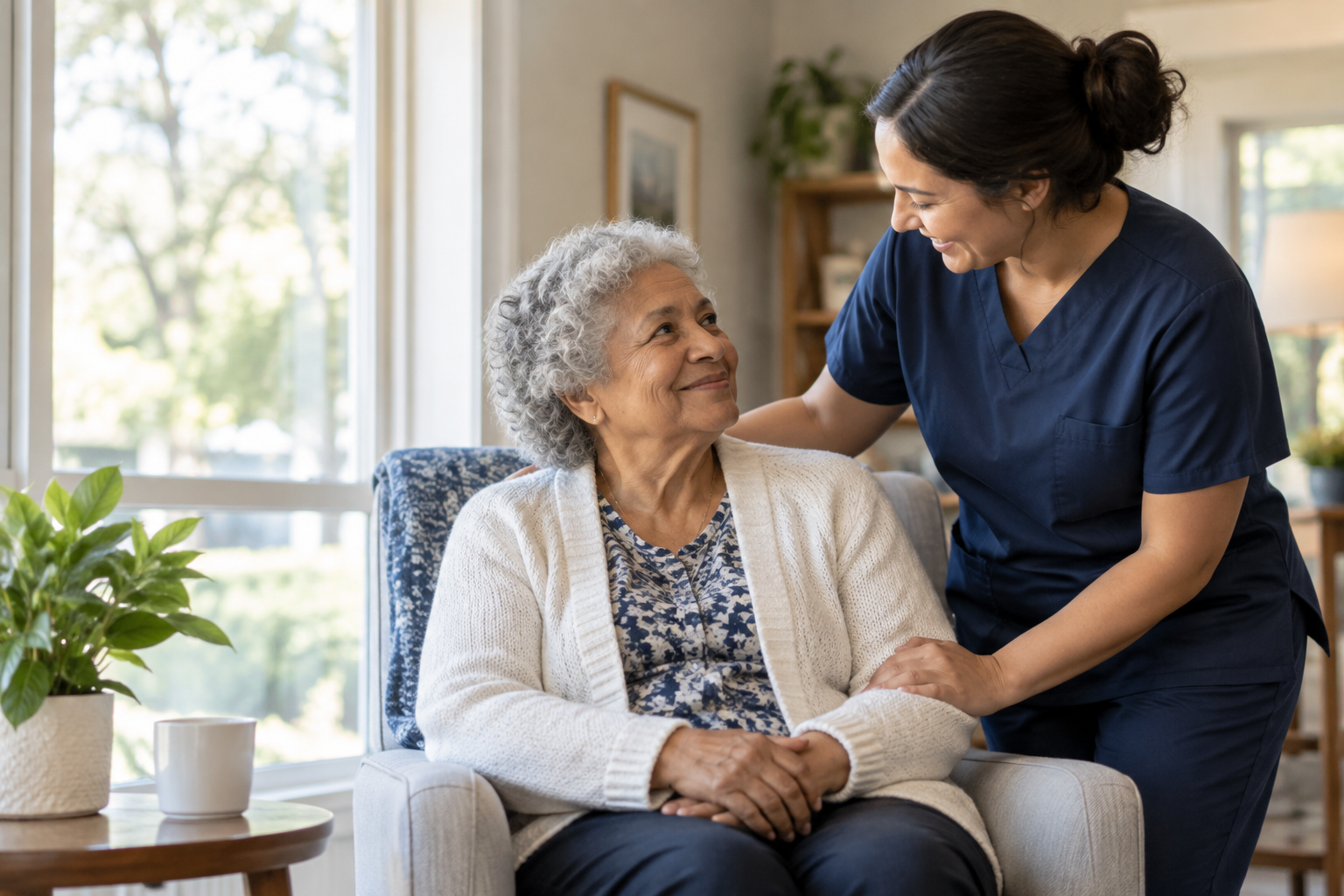 A professional caregiver speaking warmly with an older adult