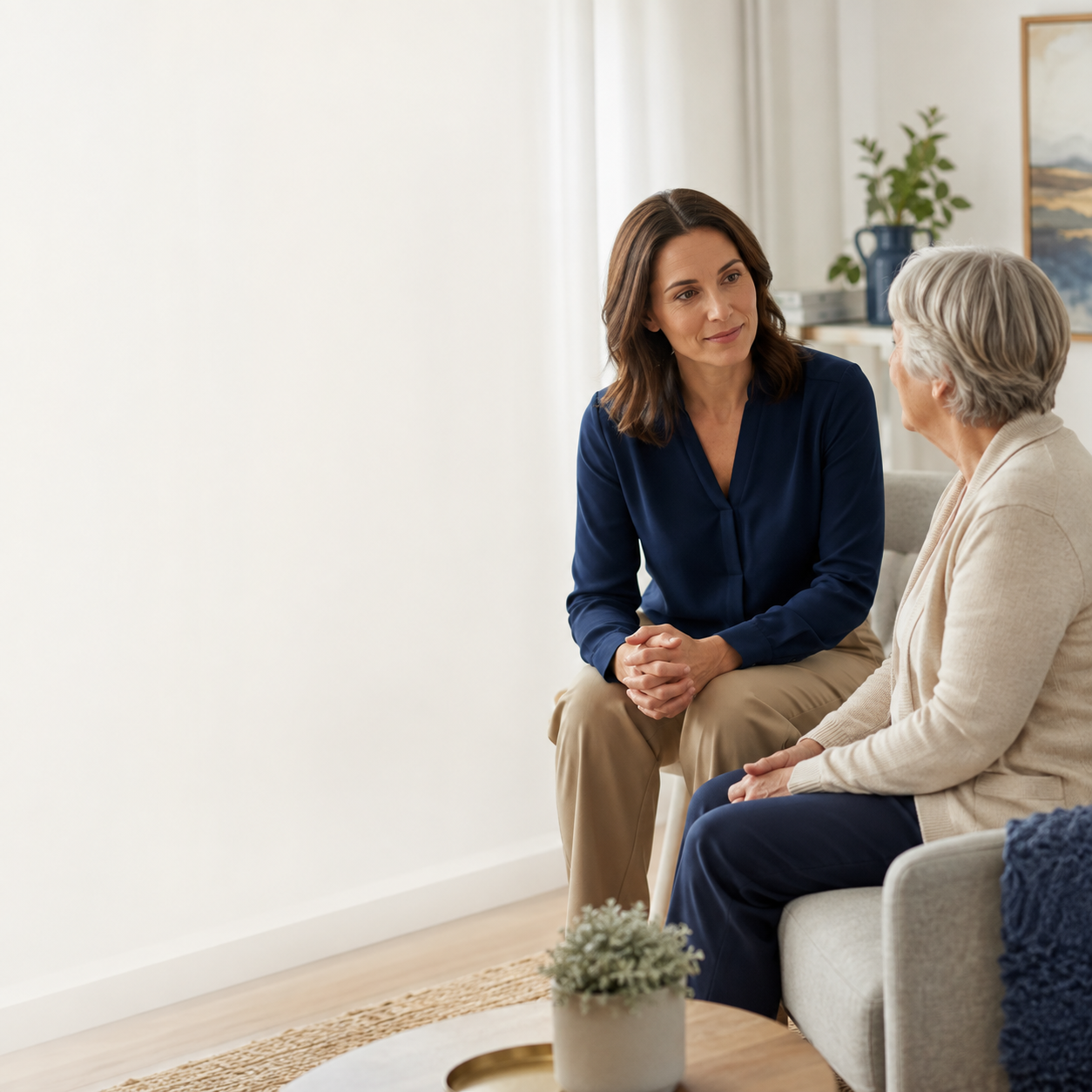 A family caregiver listening to an older adult